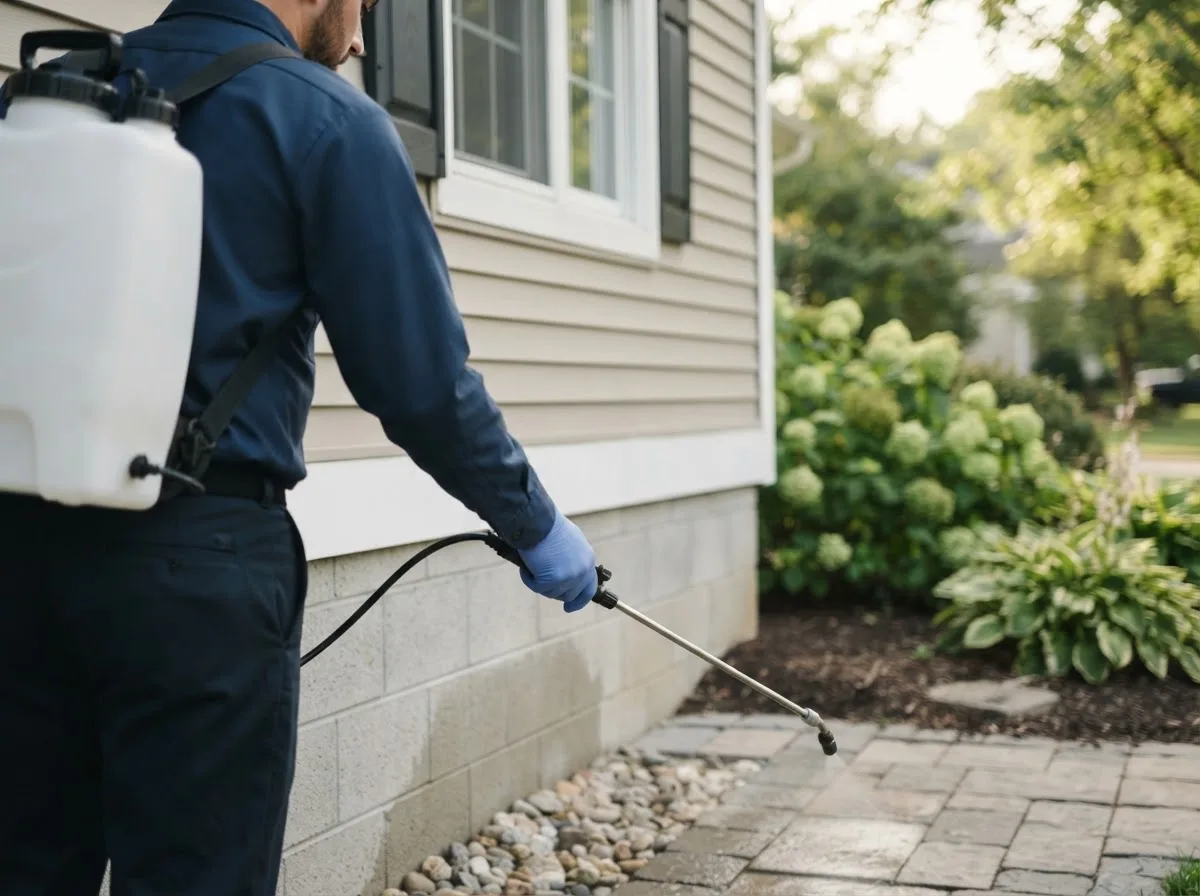 Pest control technician inspecting a home in Merrillan, WI